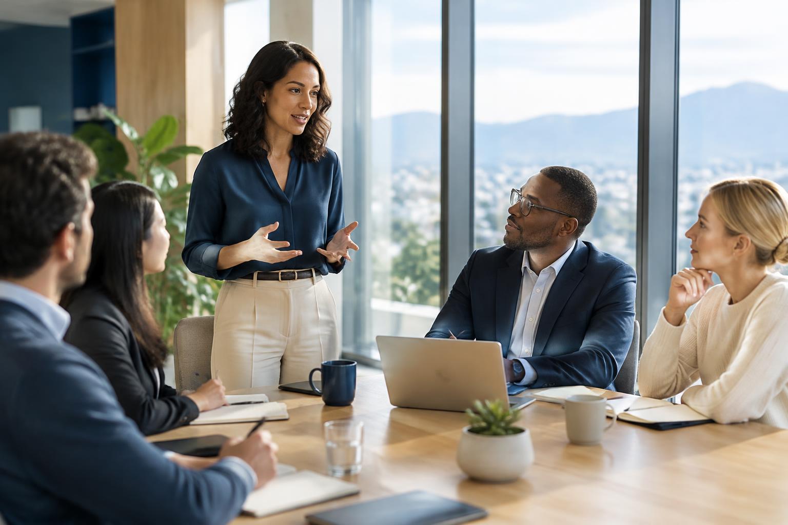 Professionals in discussion around a table in a bright modern office